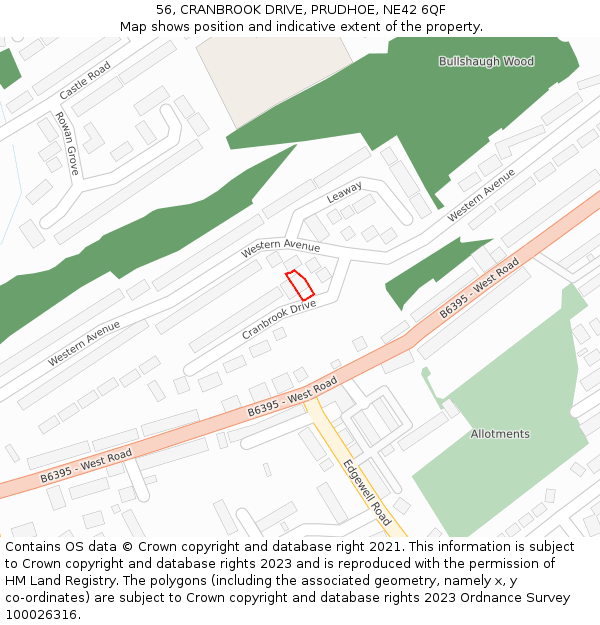 56, CRANBROOK DRIVE, PRUDHOE, NE42 6QF: Location map and indicative extent of plot