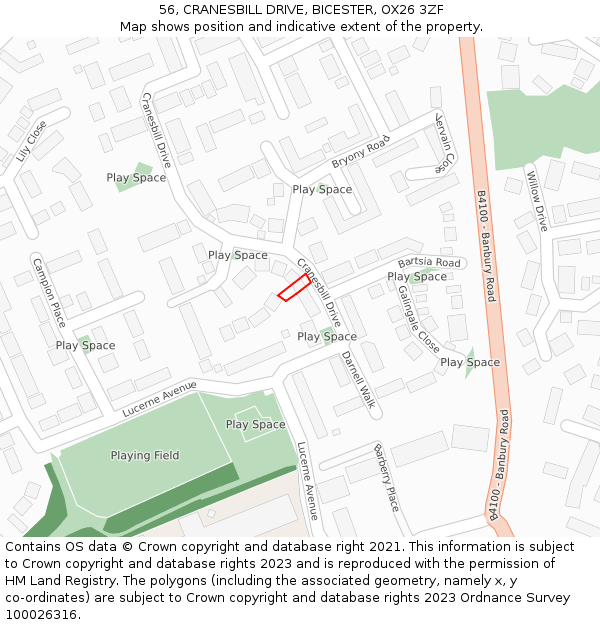 56, CRANESBILL DRIVE, BICESTER, OX26 3ZF: Location map and indicative extent of plot