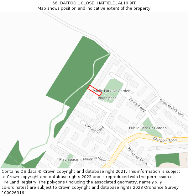 56, DAFFODIL CLOSE, HATFIELD, AL10 9FF: Location map and indicative extent of plot