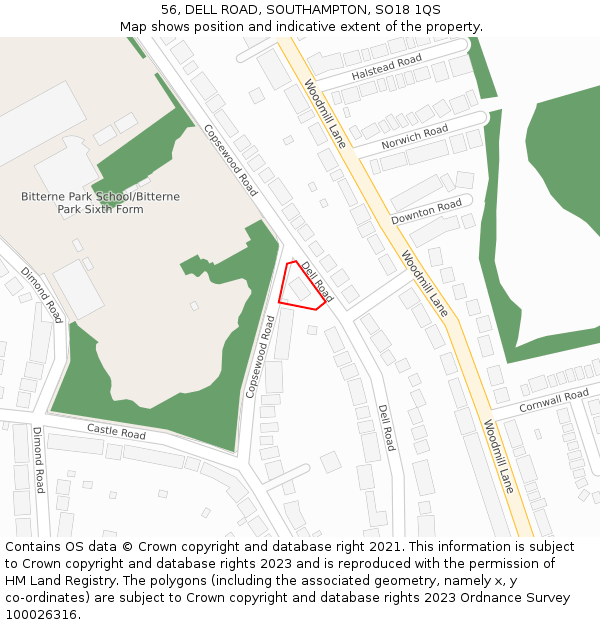 56, DELL ROAD, SOUTHAMPTON, SO18 1QS: Location map and indicative extent of plot