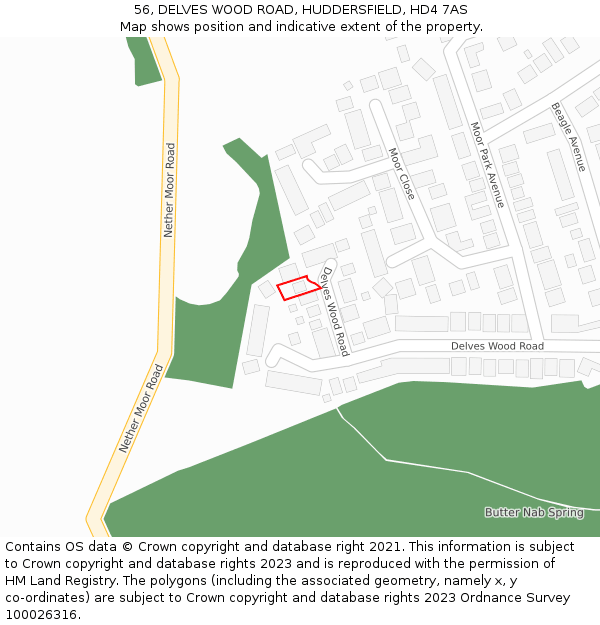 56, DELVES WOOD ROAD, HUDDERSFIELD, HD4 7AS: Location map and indicative extent of plot