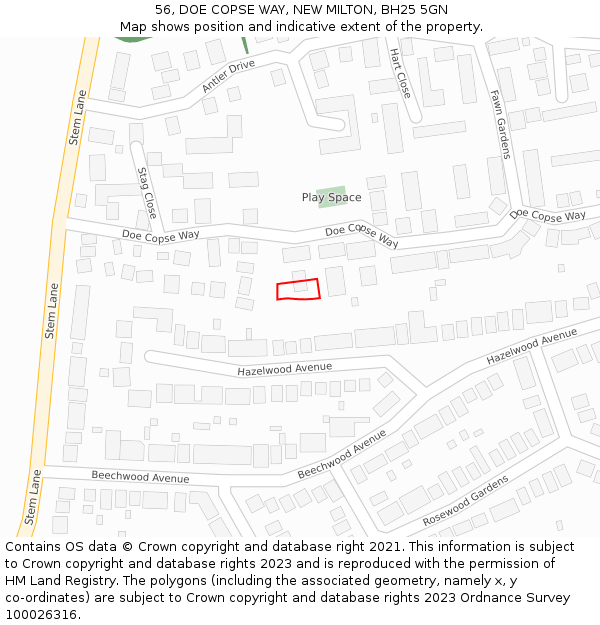 56, DOE COPSE WAY, NEW MILTON, BH25 5GN: Location map and indicative extent of plot