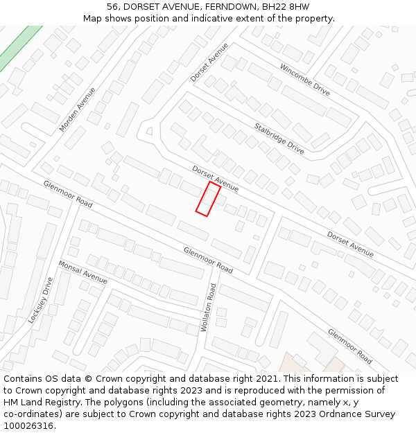 56, DORSET AVENUE, FERNDOWN, BH22 8HW: Location map and indicative extent of plot