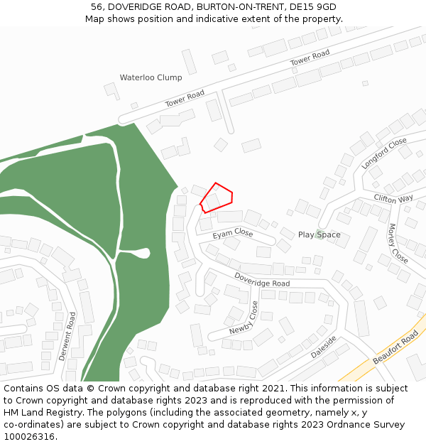 56, DOVERIDGE ROAD, BURTON-ON-TRENT, DE15 9GD: Location map and indicative extent of plot