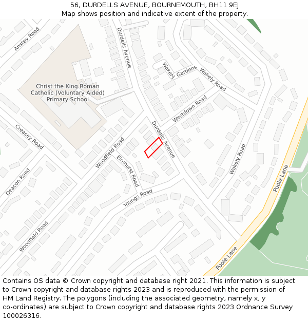56, DURDELLS AVENUE, BOURNEMOUTH, BH11 9EJ: Location map and indicative extent of plot