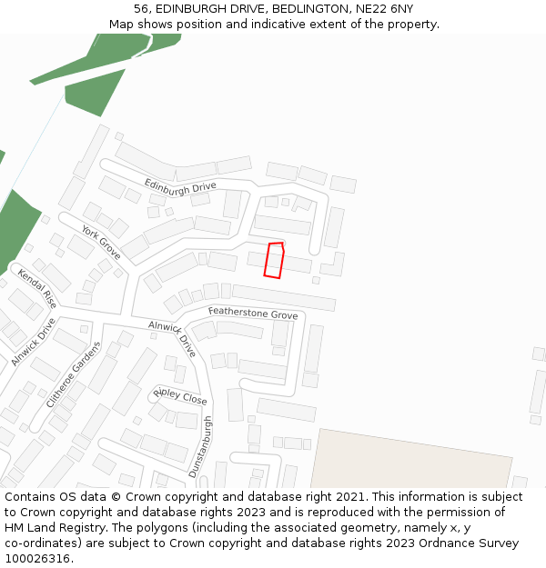 56, EDINBURGH DRIVE, BEDLINGTON, NE22 6NY: Location map and indicative extent of plot