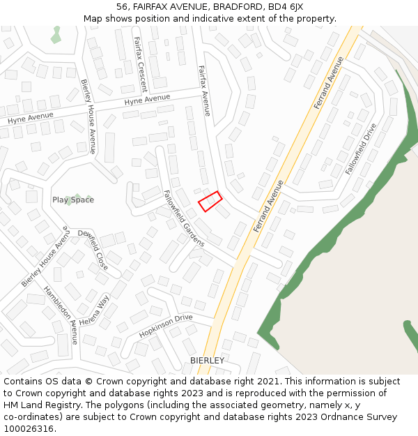 56, FAIRFAX AVENUE, BRADFORD, BD4 6JX: Location map and indicative extent of plot