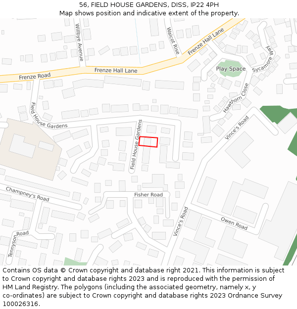 56, FIELD HOUSE GARDENS, DISS, IP22 4PH: Location map and indicative extent of plot