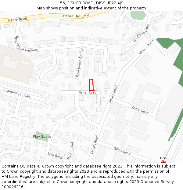 56, FISHER ROAD, DISS, IP22 4JS: Location map and indicative extent of plot