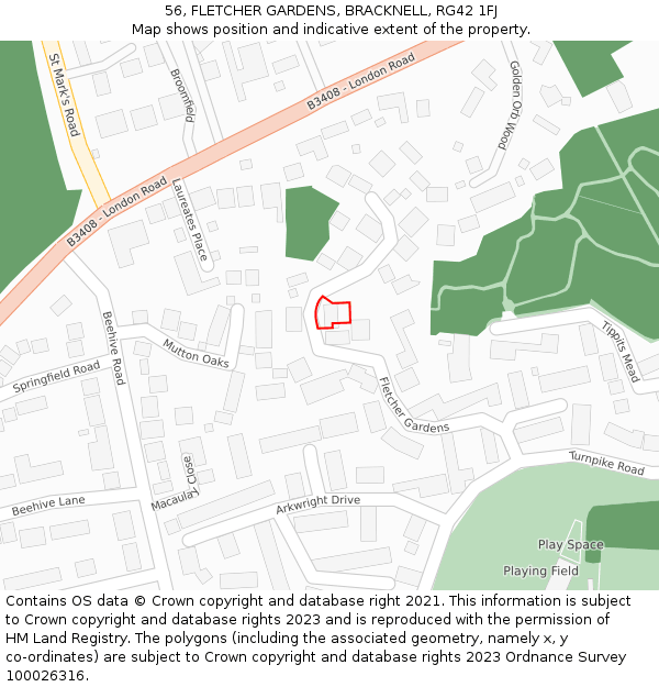 56, FLETCHER GARDENS, BRACKNELL, RG42 1FJ: Location map and indicative extent of plot