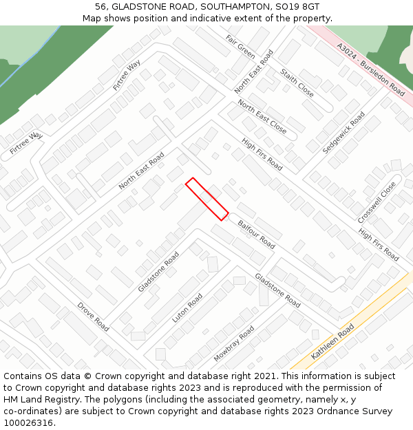 56, GLADSTONE ROAD, SOUTHAMPTON, SO19 8GT: Location map and indicative extent of plot