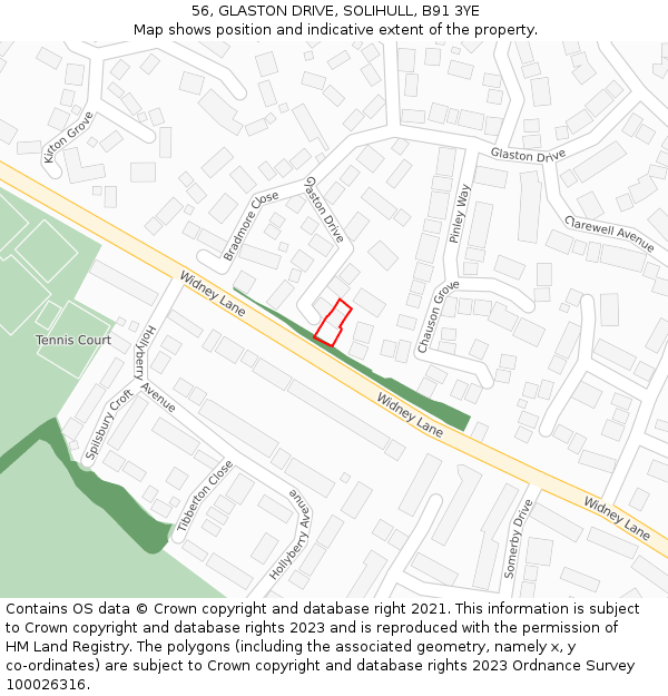 56, GLASTON DRIVE, SOLIHULL, B91 3YE: Location map and indicative extent of plot