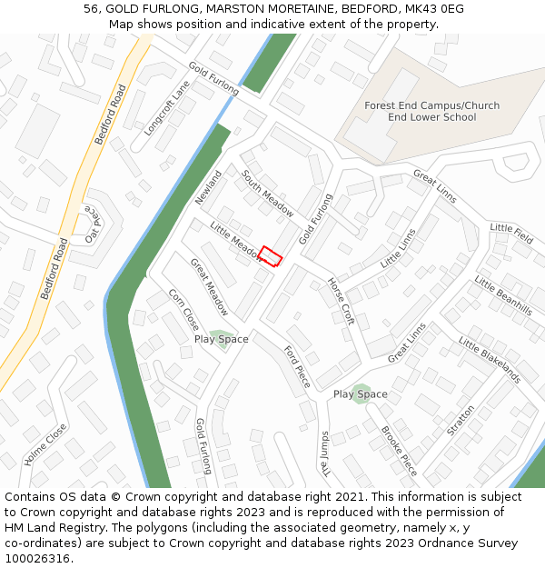 56, GOLD FURLONG, MARSTON MORETAINE, BEDFORD, MK43 0EG: Location map and indicative extent of plot