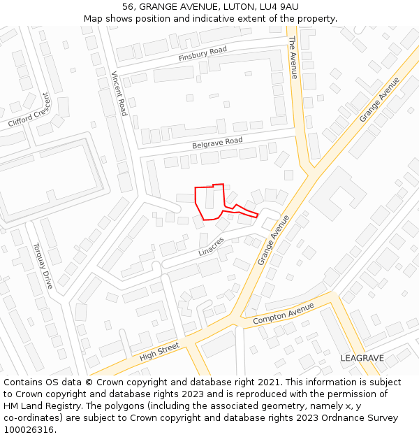 56, GRANGE AVENUE, LUTON, LU4 9AU: Location map and indicative extent of plot