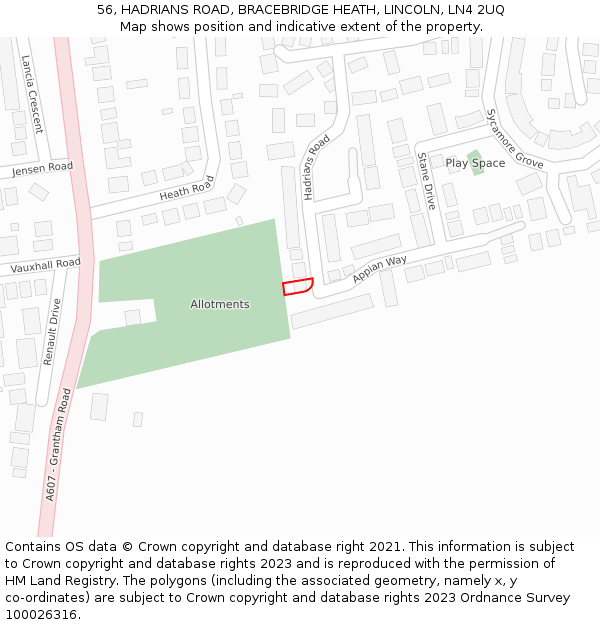 56, HADRIANS ROAD, BRACEBRIDGE HEATH, LINCOLN, LN4 2UQ: Location map and indicative extent of plot