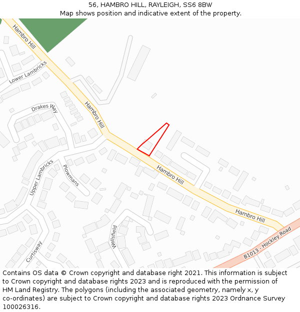 56, HAMBRO HILL, RAYLEIGH, SS6 8BW: Location map and indicative extent of plot