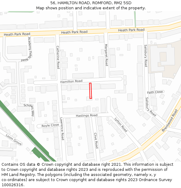 56, HAMILTON ROAD, ROMFORD, RM2 5SD: Location map and indicative extent of plot