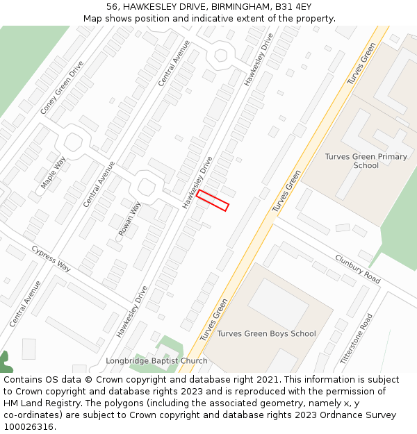 56, HAWKESLEY DRIVE, BIRMINGHAM, B31 4EY: Location map and indicative extent of plot