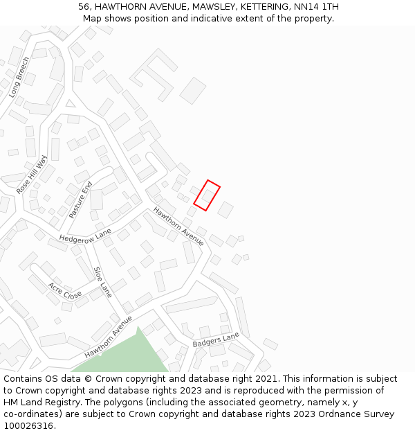 56, HAWTHORN AVENUE, MAWSLEY, KETTERING, NN14 1TH: Location map and indicative extent of plot