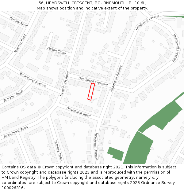 56, HEADSWELL CRESCENT, BOURNEMOUTH, BH10 6LJ: Location map and indicative extent of plot