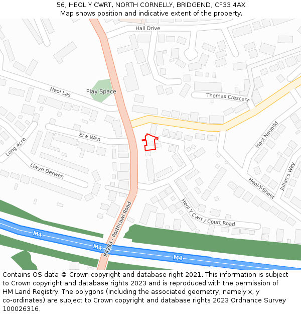 56, HEOL Y CWRT, NORTH CORNELLY, BRIDGEND, CF33 4AX: Location map and indicative extent of plot