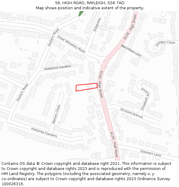 56, HIGH ROAD, RAYLEIGH, SS6 7AD: Location map and indicative extent of plot