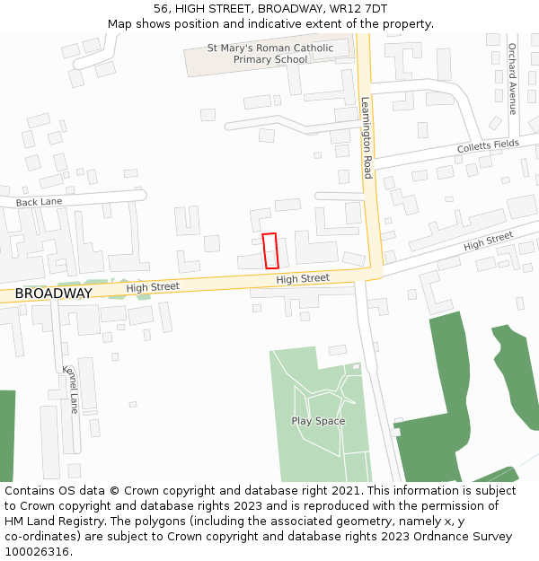 56, HIGH STREET, BROADWAY, WR12 7DT: Location map and indicative extent of plot
