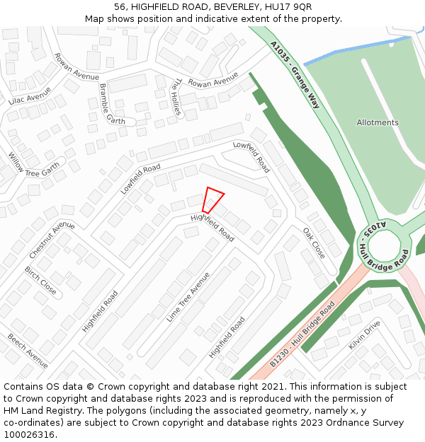 56, HIGHFIELD ROAD, BEVERLEY, HU17 9QR: Location map and indicative extent of plot