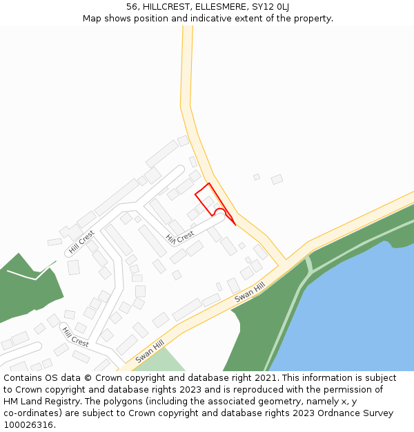 56, HILLCREST, ELLESMERE, SY12 0LJ: Location map and indicative extent of plot