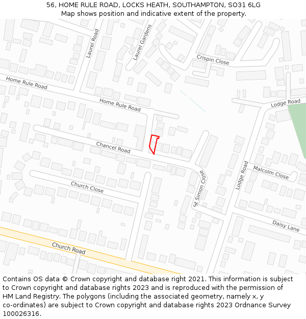 56, HOME RULE ROAD, LOCKS HEATH, SOUTHAMPTON, SO31 6LG: Location map and indicative extent of plot