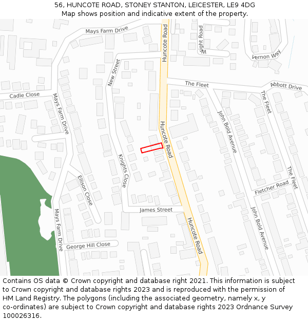 56, HUNCOTE ROAD, STONEY STANTON, LEICESTER, LE9 4DG: Location map and indicative extent of plot