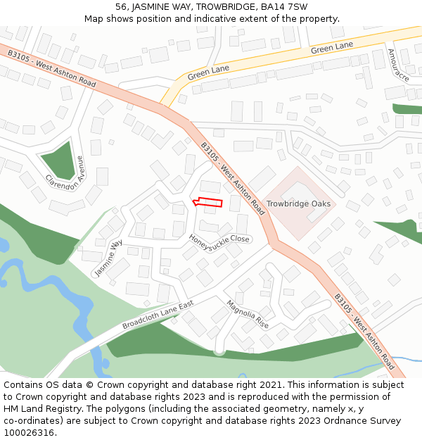 56, JASMINE WAY, TROWBRIDGE, BA14 7SW: Location map and indicative extent of plot