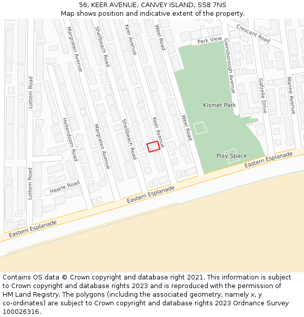 56, KEER AVENUE, CANVEY ISLAND, SS8 7NS: Location map and indicative extent of plot