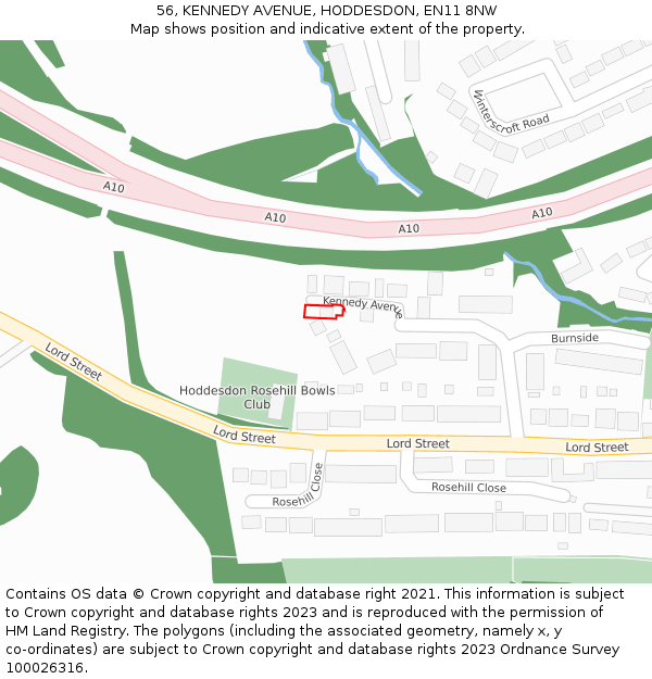 56, KENNEDY AVENUE, HODDESDON, EN11 8NW: Location map and indicative extent of plot