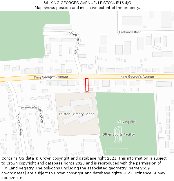 56, KING GEORGES AVENUE, LEISTON, IP16 4JG: Location map and indicative extent of plot