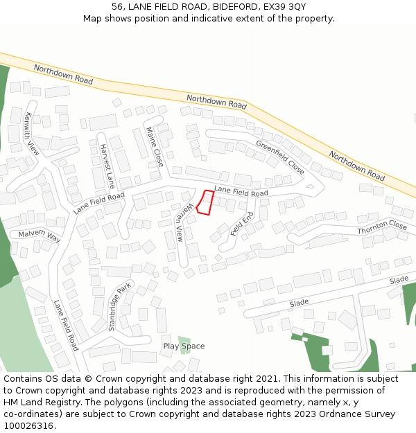 56, LANE FIELD ROAD, BIDEFORD, EX39 3QY: Location map and indicative extent of plot