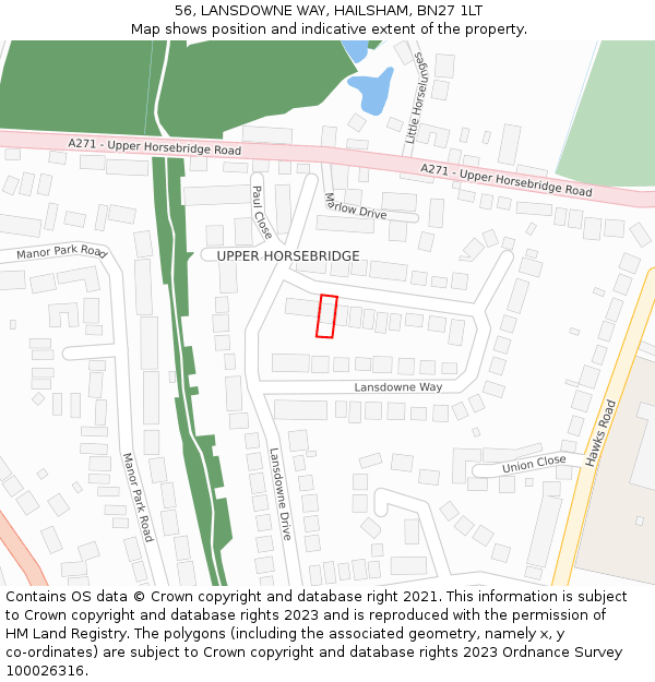 56, LANSDOWNE WAY, HAILSHAM, BN27 1LT: Location map and indicative extent of plot