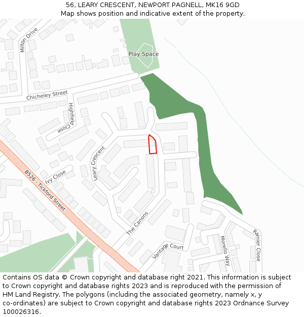 56, LEARY CRESCENT, NEWPORT PAGNELL, MK16 9GD: Location map and indicative extent of plot