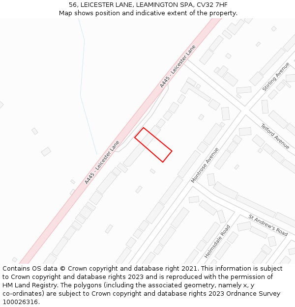 56, LEICESTER LANE, LEAMINGTON SPA, CV32 7HF: Location map and indicative extent of plot