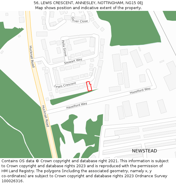 56, LEWIS CRESCENT, ANNESLEY, NOTTINGHAM, NG15 0EJ: Location map and indicative extent of plot