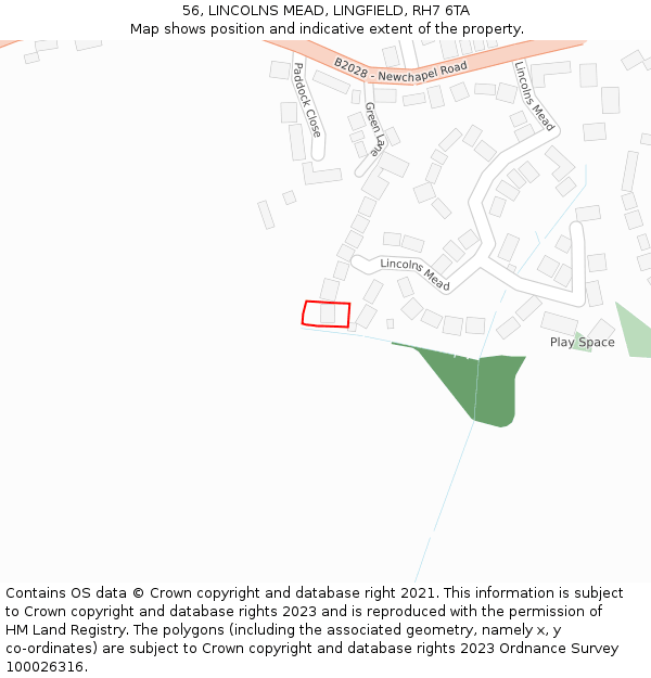 56, LINCOLNS MEAD, LINGFIELD, RH7 6TA: Location map and indicative extent of plot