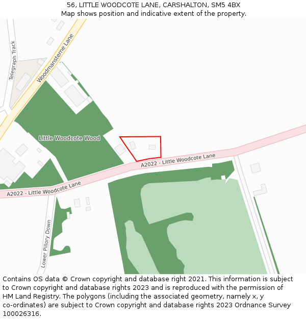 56, LITTLE WOODCOTE LANE, CARSHALTON, SM5 4BX: Location map and indicative extent of plot