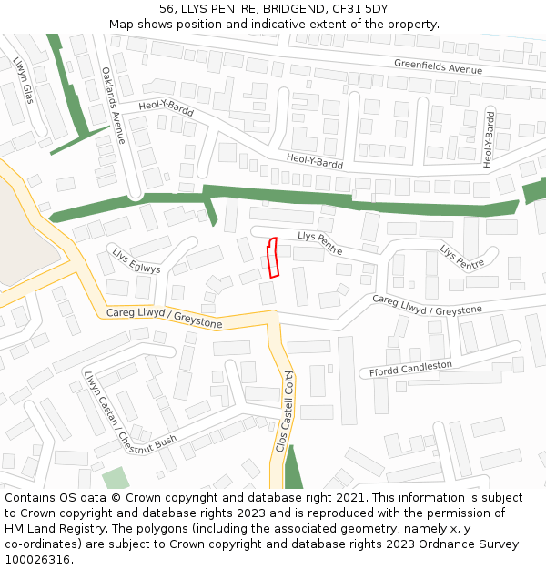 56, LLYS PENTRE, BRIDGEND, CF31 5DY: Location map and indicative extent of plot
