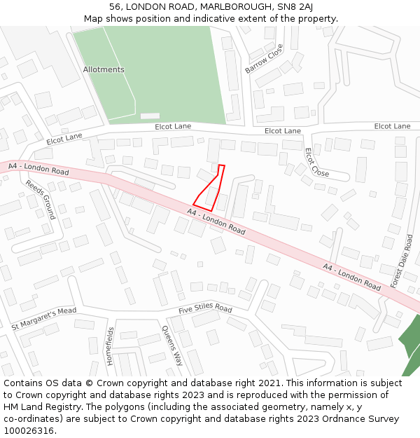 56, LONDON ROAD, MARLBOROUGH, SN8 2AJ: Location map and indicative extent of plot