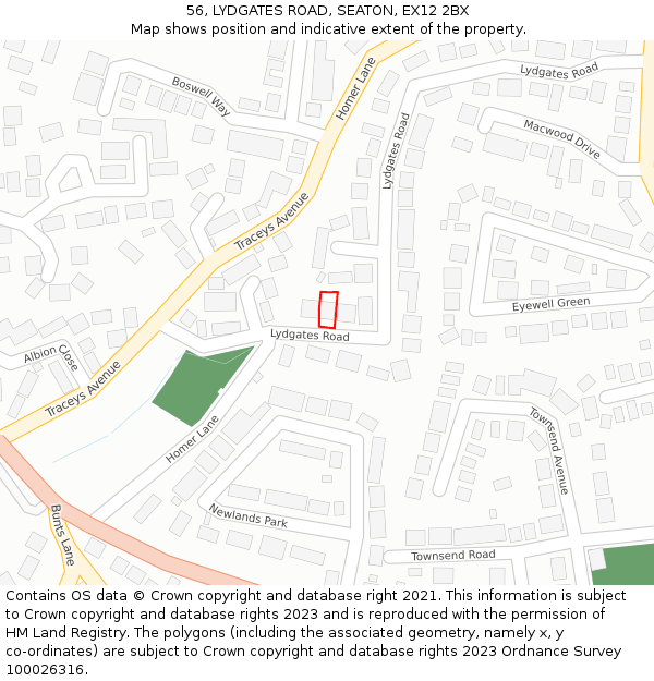 56, LYDGATES ROAD, SEATON, EX12 2BX: Location map and indicative extent of plot