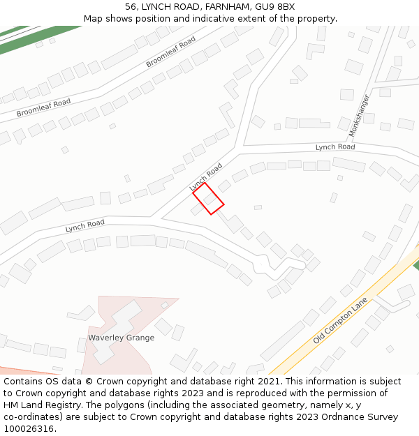 56, LYNCH ROAD, FARNHAM, GU9 8BX: Location map and indicative extent of plot