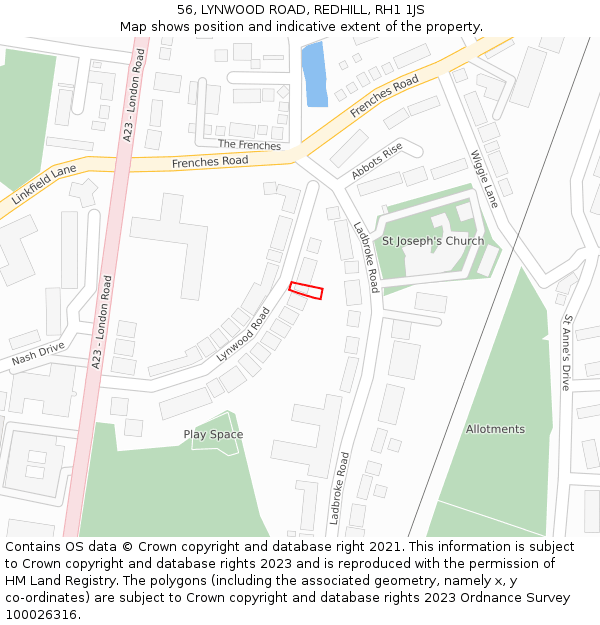 56, LYNWOOD ROAD, REDHILL, RH1 1JS: Location map and indicative extent of plot