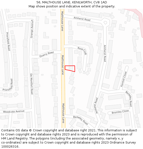 56, MALTHOUSE LANE, KENILWORTH, CV8 1AD: Location map and indicative extent of plot