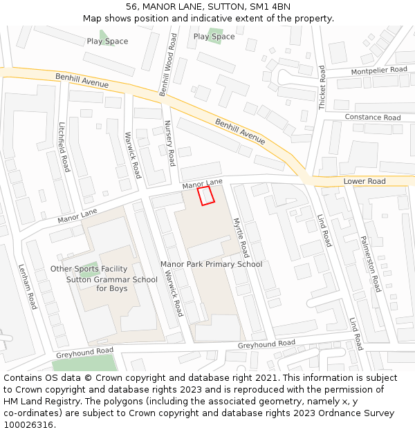 56, MANOR LANE, SUTTON, SM1 4BN: Location map and indicative extent of plot