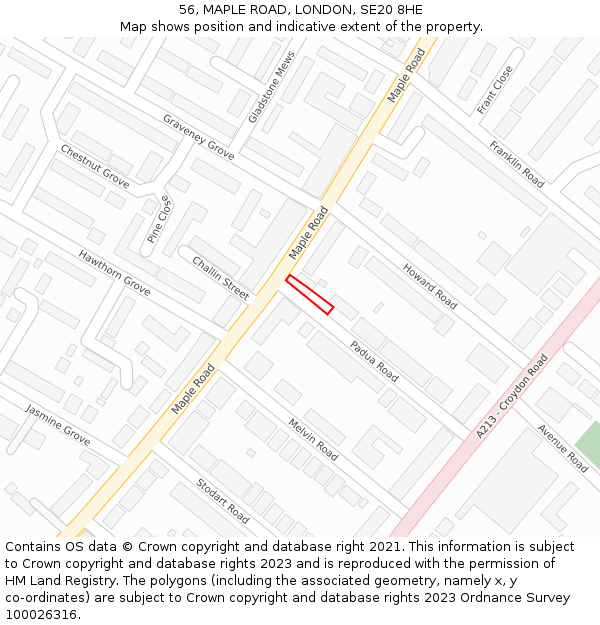 56, MAPLE ROAD, LONDON, SE20 8HE: Location map and indicative extent of plot